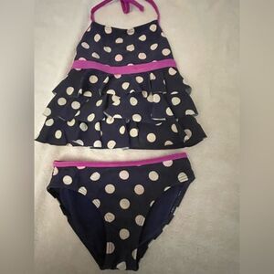 Girls 6/6X Xhileration black/white polka dot/pink trim ruffled neck tie tankini